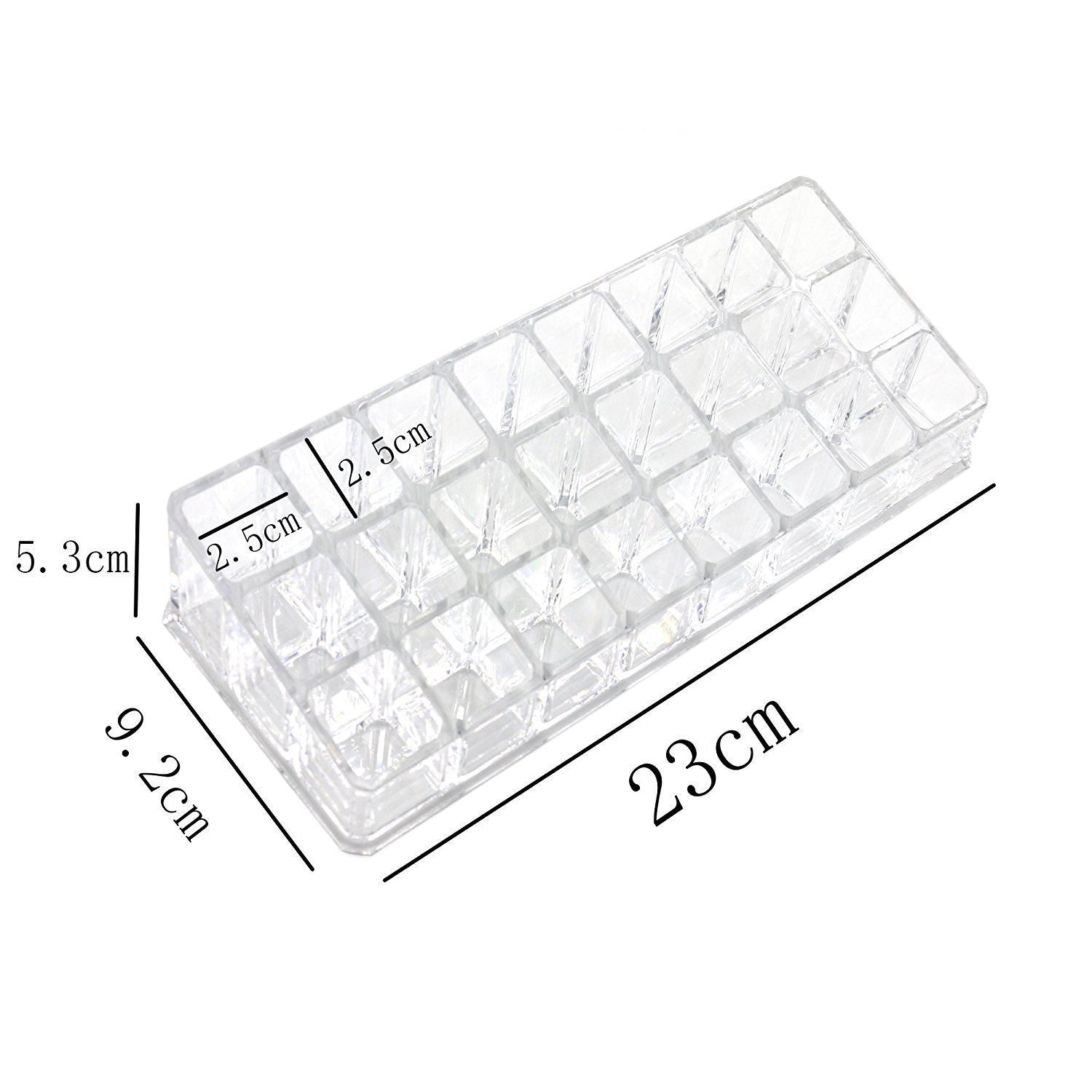 Acrylic lipstick and cosmetics organizer with multiple sections, displaying its functionality Acrylic lipstick and cosmetics organizer with multiple sections, displaying its functionality